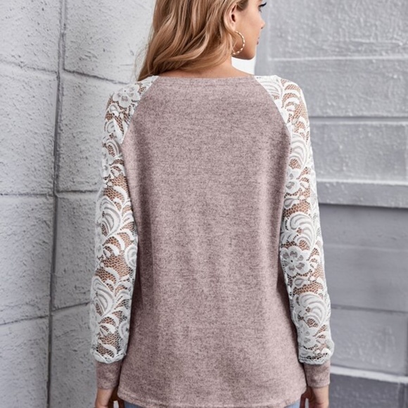 026 Cozy Boho Mauve Floral Lace Sheer Sleeve Top - Picture 2 of 3